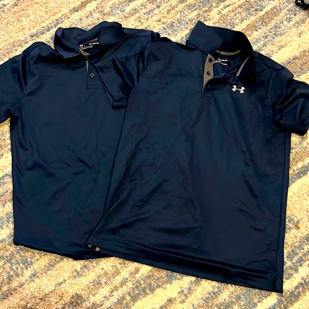 2 Boys size youth XL, navy blue performance loose fit under Armour polos